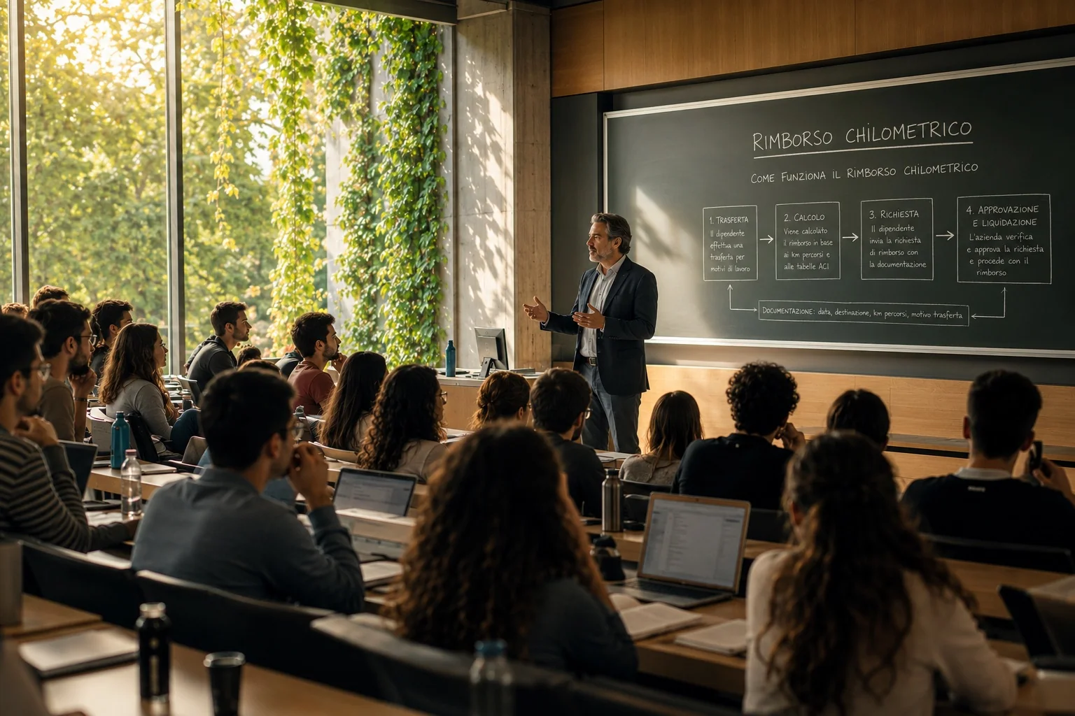Aula universitaria durante una lezione sul rimborso chilometrico