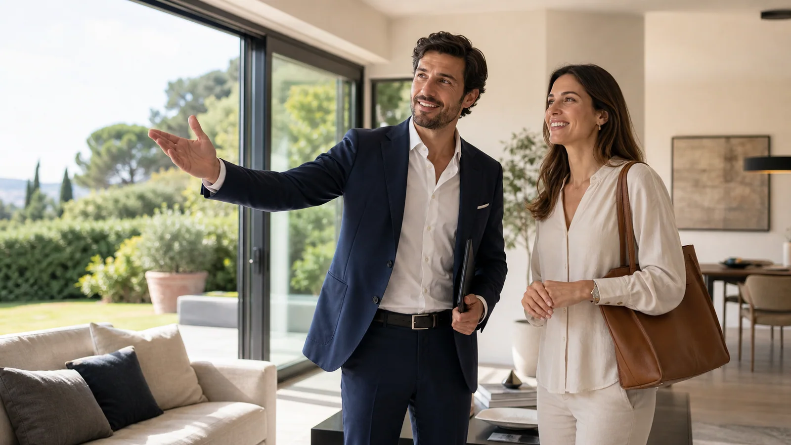 Agente immobiliare che accompagna clienti durante la visita di una casa